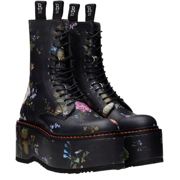 R13 Rocker Chic Double Stack Platform Boots US 8 EU 38 Black w/ Floral Design - Picture 13 of 13